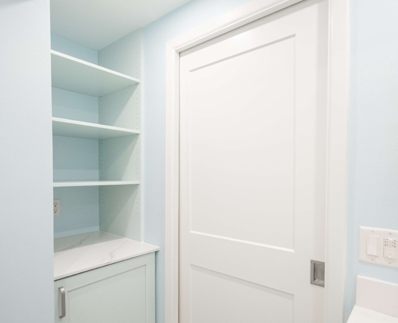 This bathroom remodel is part of a basement renovation in a Madison, WI home. A private full bathroom just off the newly remodeled rec room, complete with a soaking tub and shower. 