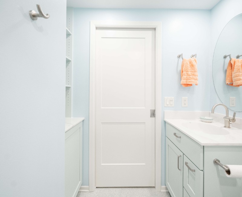 This bathroom remodel is part of a basement renovation in a Madison, WI home. A private full bathroom just off the newly remodeled rec room, complete with a soaking tub and shower. 