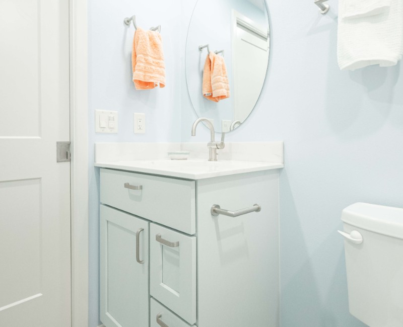 This bathroom remodel is part of a basement renovation in a Madison, WI home. A private full bathroom just off the newly remodeled rec room, complete with a soaking tub and shower. 