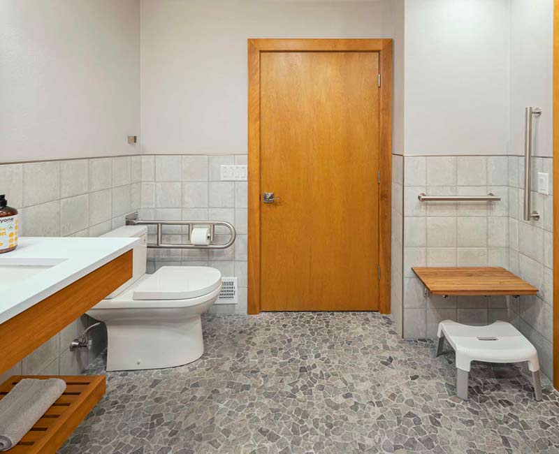 This award-winning bathroom remodel in Madison, WI was designed to meet the accessibility needs of the homeowner’s daughter and to allow the homeowners to age in place through universal design.