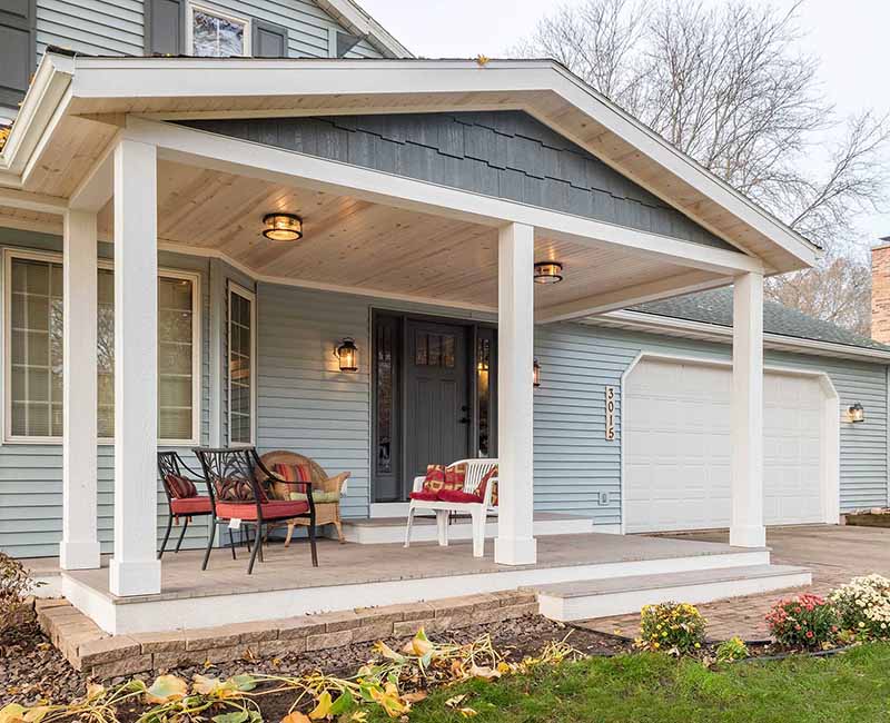 This porch remodel in Middleton, WI, fits right in with the rest of the home’s architecture and provides a stately and welcoming entryway to the home.