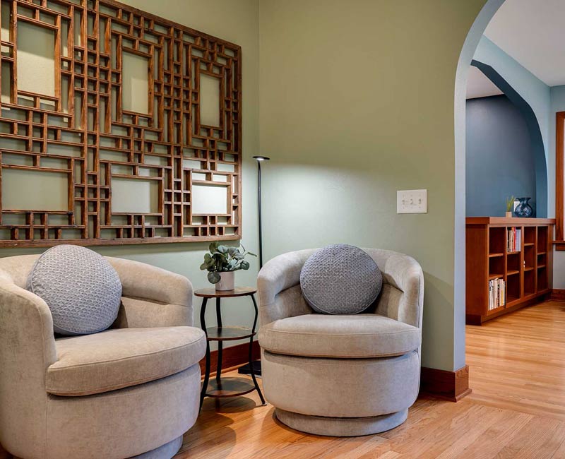 This whole-house remodel in Madison, WI, provided the homeowners with an updated kitchen, dining room, living room, library, entryway, and powder room.